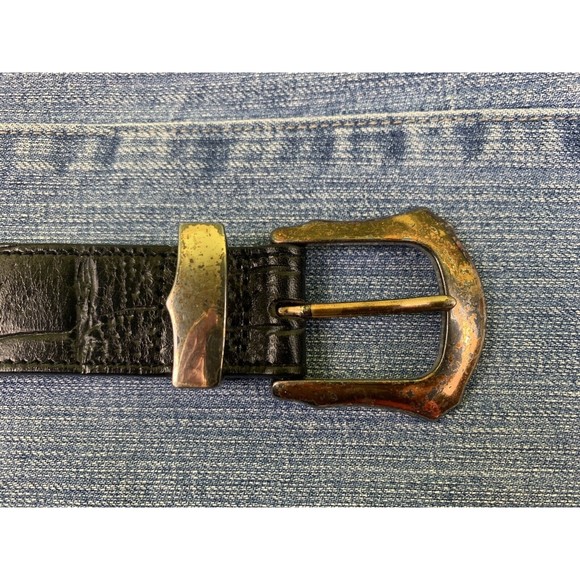 Western Alligator Print Black Leather Belt 32 L SOUTHWEST Cowgirl Metal Hearts - Picture 2 of 11